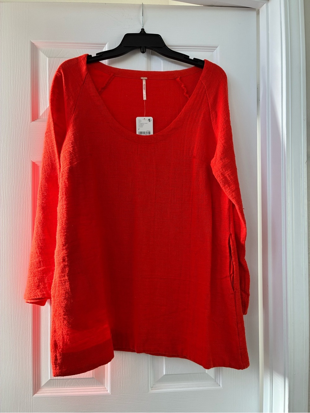 Free People Bright Red V-Neck Lightweight Raw Linen Tunic